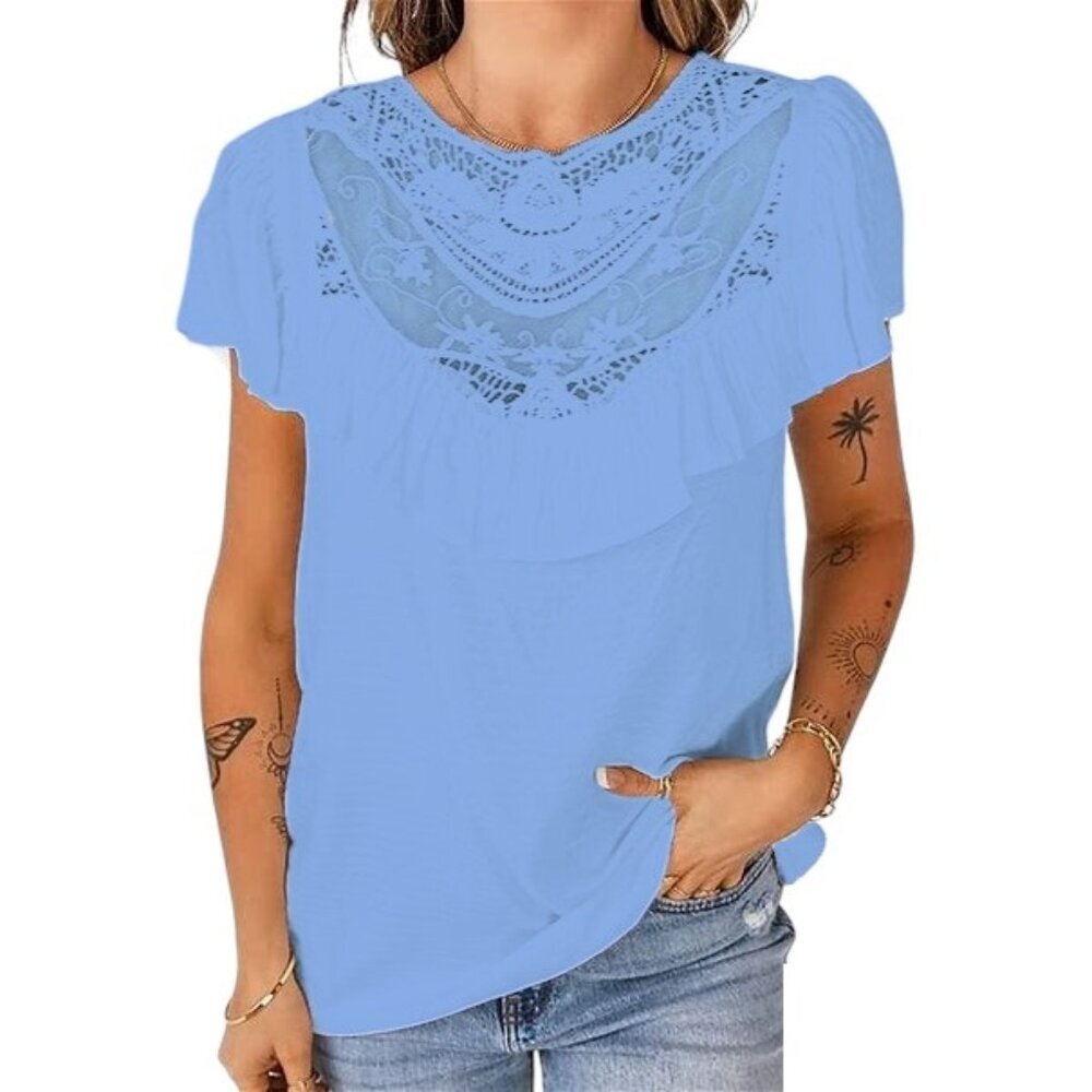 NWT - Round Neck Cap Short Sleeve Summer Ruffle Shirts - Size Medium